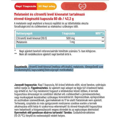 Melatonin 1 MG + Citromfű 500 MG - 60 db étrend-kiegészítő kapszula - Dr. Herz