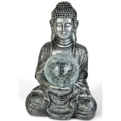Buddha szobor - szolárlámpa - EZÜST - 26 cm - Garden of Eden