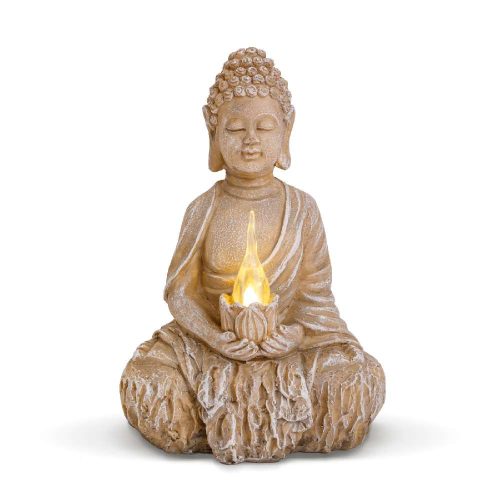 Buddha szobor - szolárlámpa - melegfehér - LED gyertyával 12,5x8,5x19 cm