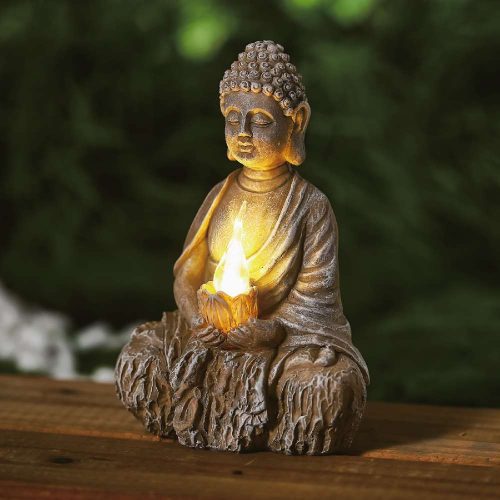 Buddha szobor - szolárlámpa - 19 cm - melegfehér LED gyertyával