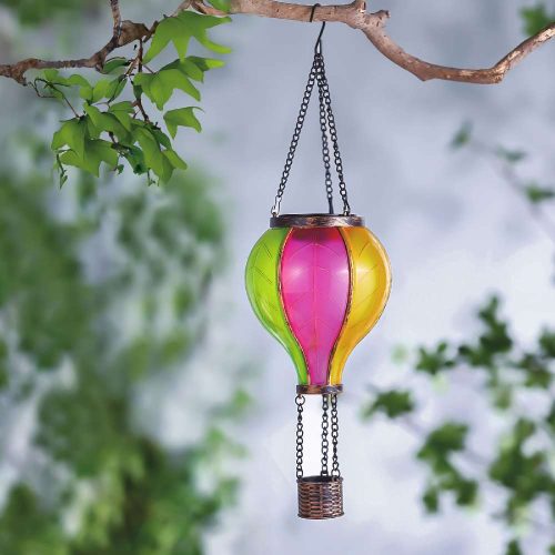 Felakasztható szolár lámpa - hőlégballon - lángeffekt - 12 sárga LED - 11x11x37 cm