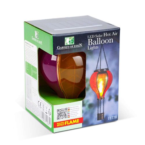 Felakasztható szolár lámpa - hőlégballon - lángeffekt - 12 sárga LED - 11x11x37 cm