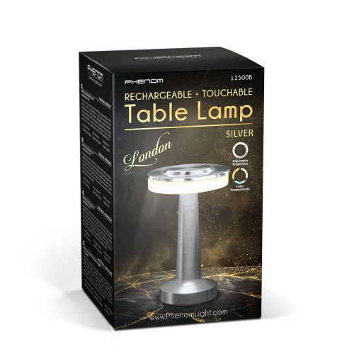 Asztali lámpa - érintésvezérlés - akkus, USB-C táp, 2 W LED - LONDON SILVER - PHENOM