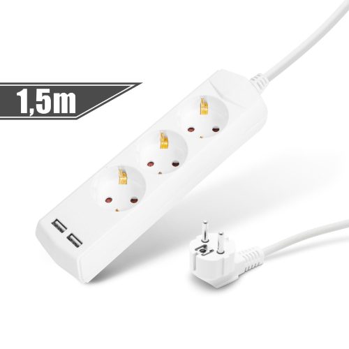 3-as elosztó 1,5 m - 2 db USB aljzattal - DELIGHT