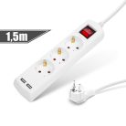 3-as elosztó 1,5 m - 2 db USB aljzattal kapcsolós - DELIGHT