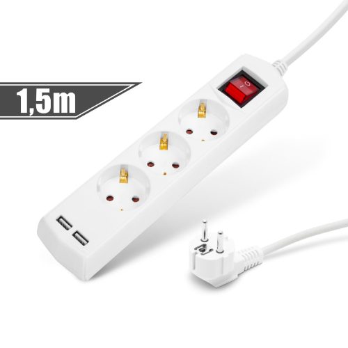 3-as elosztó 1,5 m - 2 db USB aljzattal kapcsolós - DELIGHT