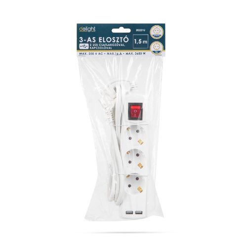 3-as elosztó 1,5 m - 2 db USB aljzattal kapcsolós - DELIGHT
