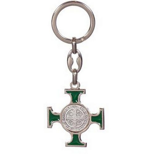 Kulcstartó - Kelta kereszt, Szent Benedek éremmel - 9,5 cm - zöld