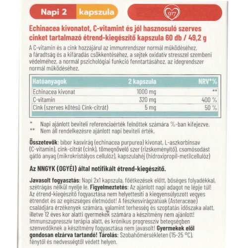 Ehinacea + C-vitamin + Szerves Cink - 60 db étrend-kiegészítő kapszula - Dr. Herz