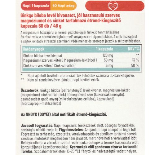 Ginkgo Biloba Forte + Szerves Magnézium + Szerves Cink - 60 db étrend-kiegészítő kapszula - Dr. Herz