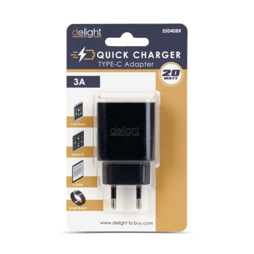 Hálózati Adapter - USB Type-C - gyorstöltő, PD20W - fekete - DELIGHT
