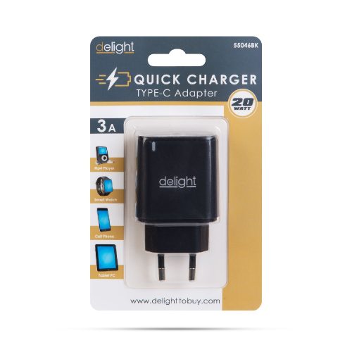 Hálózati Adapter - USB Type-C - gyorstöltő, PD20W - fekete - DELIGHT
