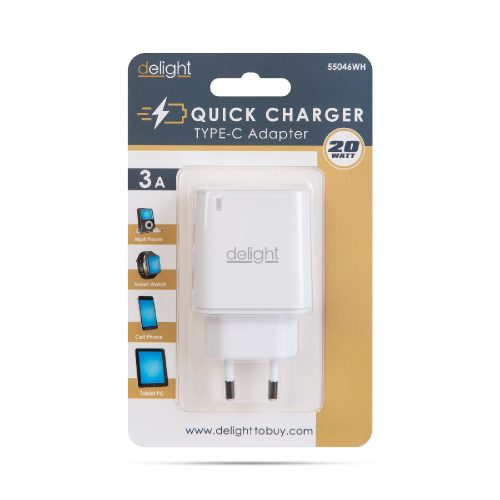 Hálózati Adapter - USB Type-C - gyorstöltő, PD20W - fehér - DELIGHT
