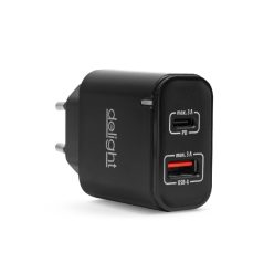   Hálózati Adapter USB + Type-C - gyorstöltő, PD20W - fekete - DELIGHT