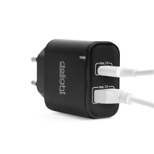 Hálózati Adapter USB + Type-C - gyorstöltő, PD20W - fekete - DELIGHT