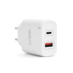   Hálózati Adapter USB + Type-C - gyorstöltő, PD20W - fehér - DELIGHT
