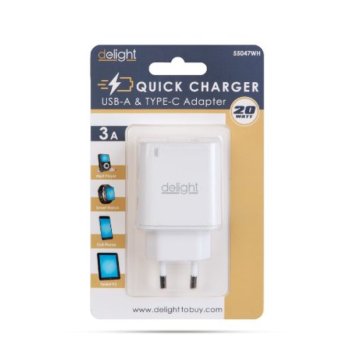 Hálózati Adapter USB + Type-C - gyorstöltő, PD20W - fehér - DELIGHT