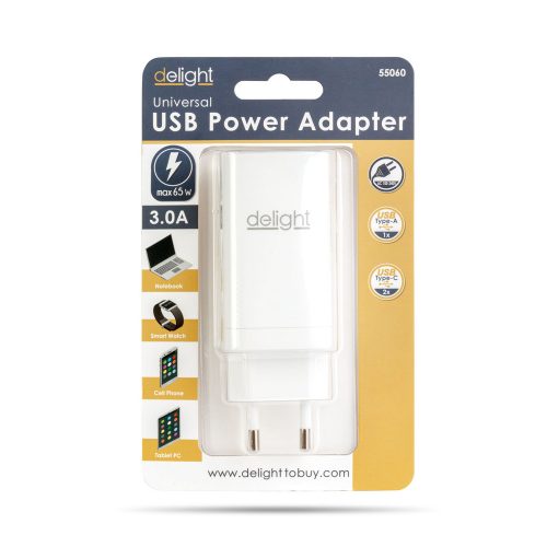 Hálózati Adapter USB + Type-C PD45W gyorstöltéssel - fehér - DELIGHT