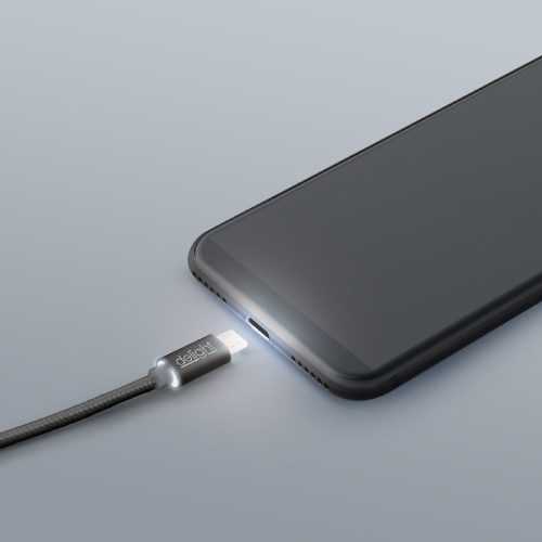 Adatkábel - Micro USB LED fénnyel, fekete 1 m - DELIGHT