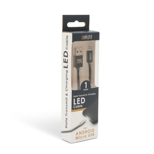 Adatkábel - Micro USB LED fénnyel, fekete 1 m - DELIGHT