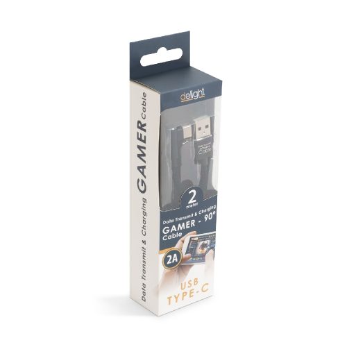 Adatkábel - USB Type-C 90°-os kialakítás fekete - 2 m - 2 A - DELIGHT