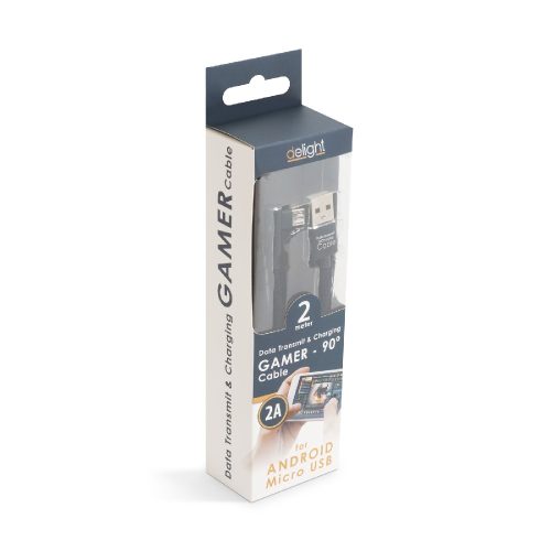 Adatkábel - MicroUSB 90°-os kialakítás fekete - 2 m - 2 A - DELIGHT