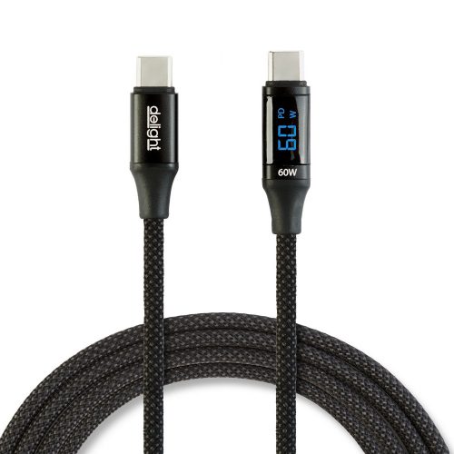 Adatkábel - Type-C - Type-C - teljesítmény kijelzéssel - fekete - 1 m - 3 A - 60W - DELIGHT