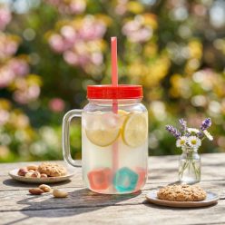   Szívószálas pohár 4 db hűthető jégkockával 550 ml - piros