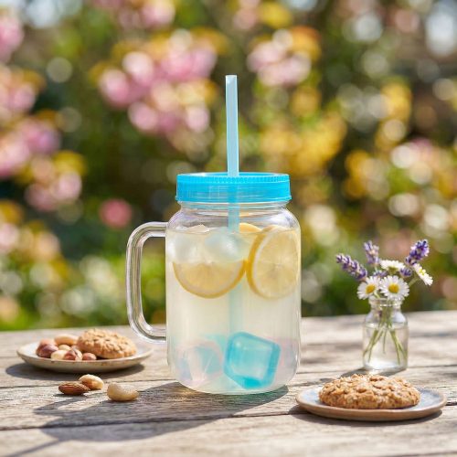 Szívószálas pohár 4 db hűthető jégkockával 550 ml - kék
