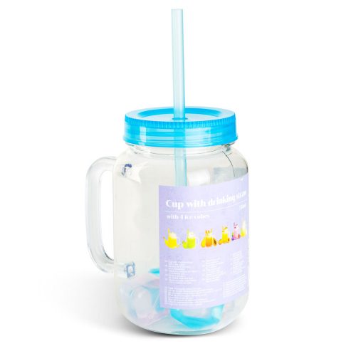 Szívószálas pohár 4 db hűthető jégkockával 550 ml - kék