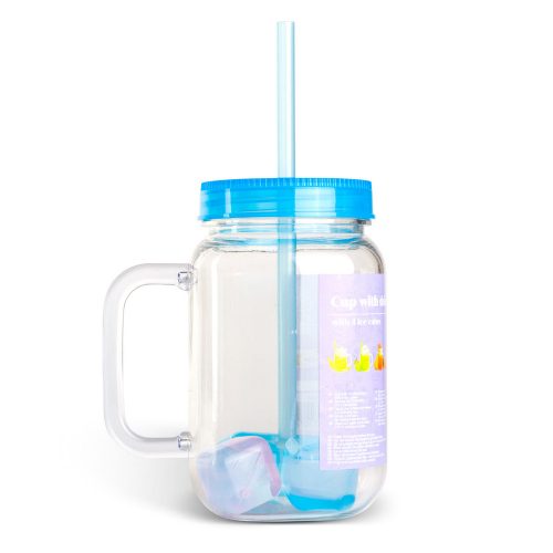 Szívószálas pohár 4 db hűthető jégkockával 550 ml - kék