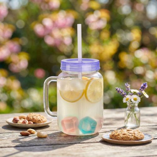 Szívószálas pohár 4 db hűthető jégkockával 550 ml - lila