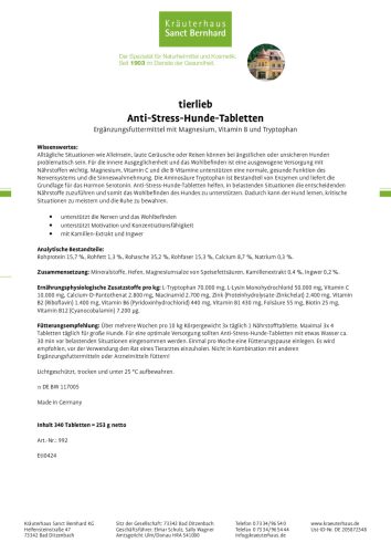 Anti-stressz tabletta kutyáknak 340 db - TIERLIEB - Sanct Bernhard
