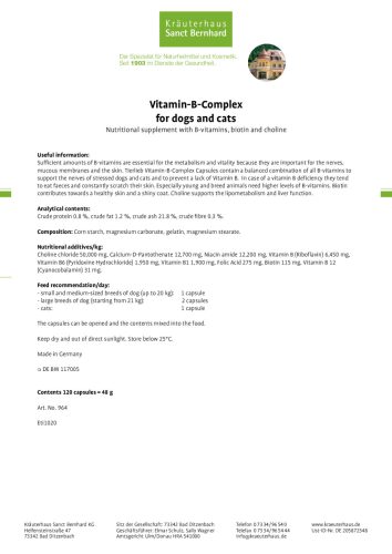 B-vitamin komplex kapszula kutyáknak és macskáknak 120 db - TIERLIEB - Sanct Bernhard