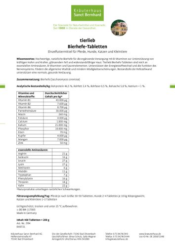 Sörélesztő tabletta kutyáknak macskáknak lovaknak 400 db - TIERLIEB - Sanct Bernhard