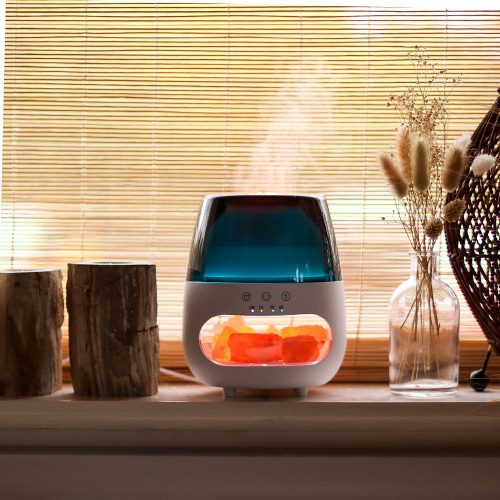 Aroma diffúzor - Himalája sóval, lánghatással - USB, színváltós - 400 ml