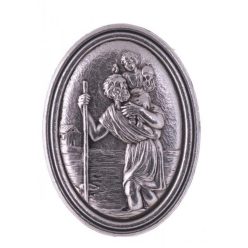   Szent Kristóf ezüst színű fém érem, öntapadós-mágneses, ovális 3x4 cm