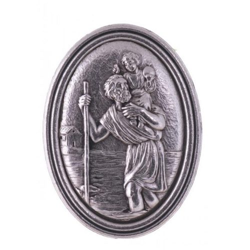 Szent Kristóf ezüst színű fém érem, öntapadós-mágneses, ovális 3x4 cm