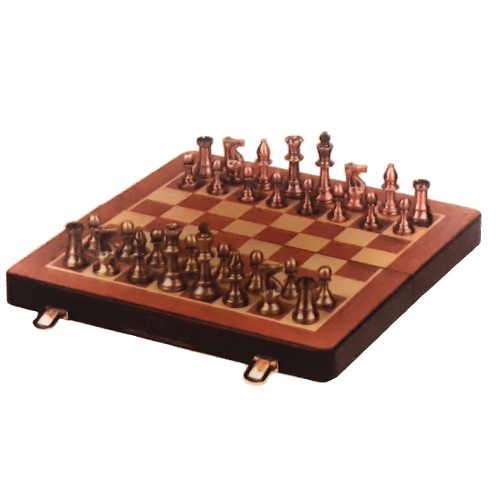 Sakk-készlet ZOOCEN - 30x30 cm-es fa tábla, szürke- és vörös-bronz figurákkal