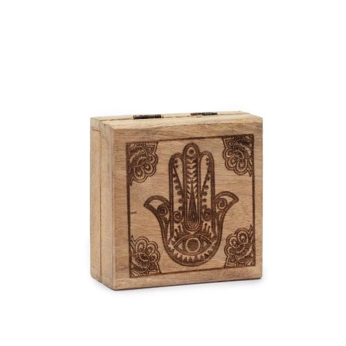 Kézműves indiai mangófa doboz - 10x10x4,2 cm - HAMSA