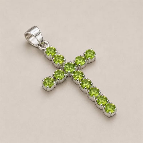 Indiai ezüstözött medál - Peridot kereszt - Ancient Wisdom