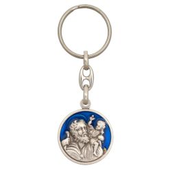   Kulcstartó - Szent Kristóf - kerek, kék betétes éremmel - 8 cm