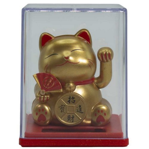 Integető szerencsehozó macska - Maneki-Neko - napelemes - arany