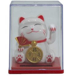   Integető szerencsehozó macska - Maneki-Neko - napelemes - fehér
