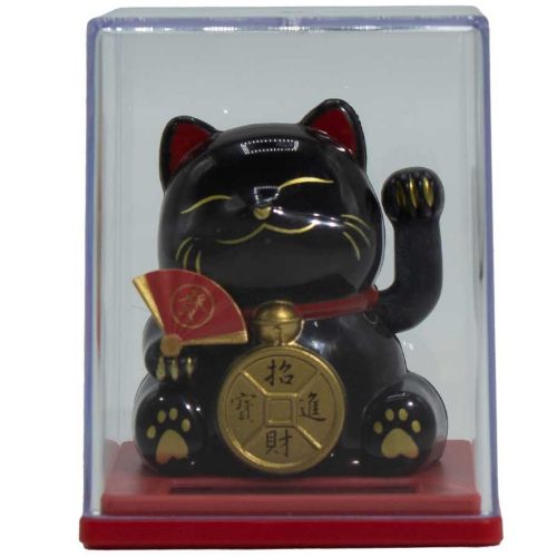 Integető szerencsehozó macska - Maneki-Neko - napelemes - fekete