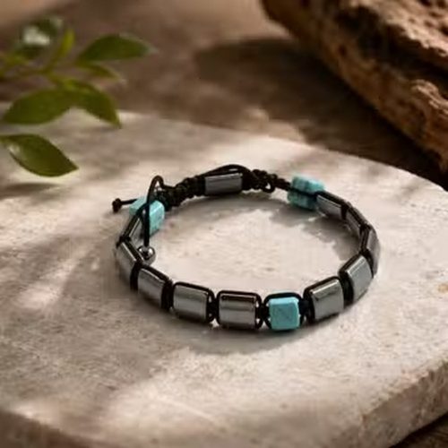Mágneses Hematit Shamballa Karkötő - Türkiz kockákkal