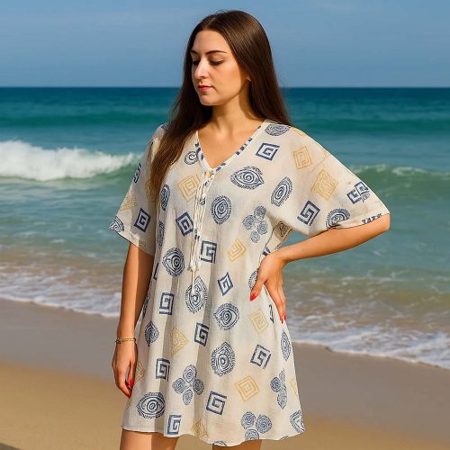 Indiai kézműves pamut kaftán - kézi festésű görög minták - Nomad Sari