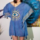 Indiai kézműves pamut kaftán - kék és arany kézi festésű szem - Nomad Sari