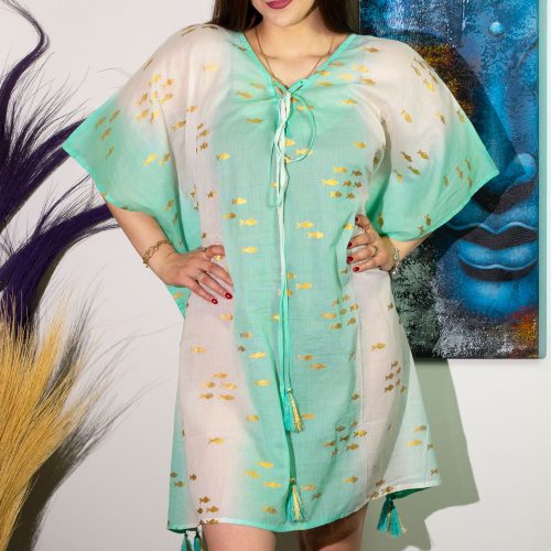 Indiai kézműves pamut kaftán - türkiz fehér arany halakkal - Nomad Sari