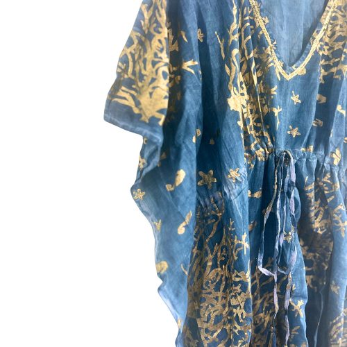 Indiai kézműves pamut kaftán - tengerkék és arany korál - Nomad Sari